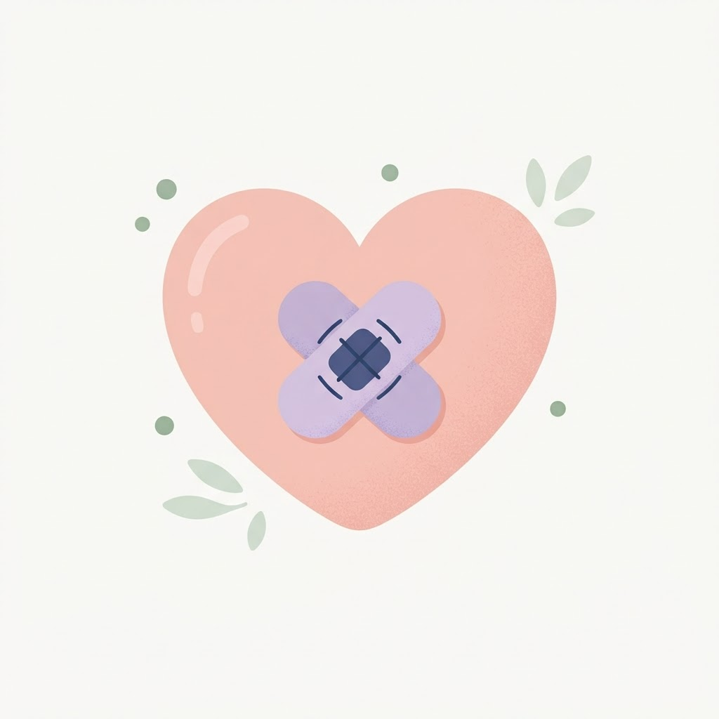 Gentle illustration of a heart with a small bandage across it, representing healing with care and patience.