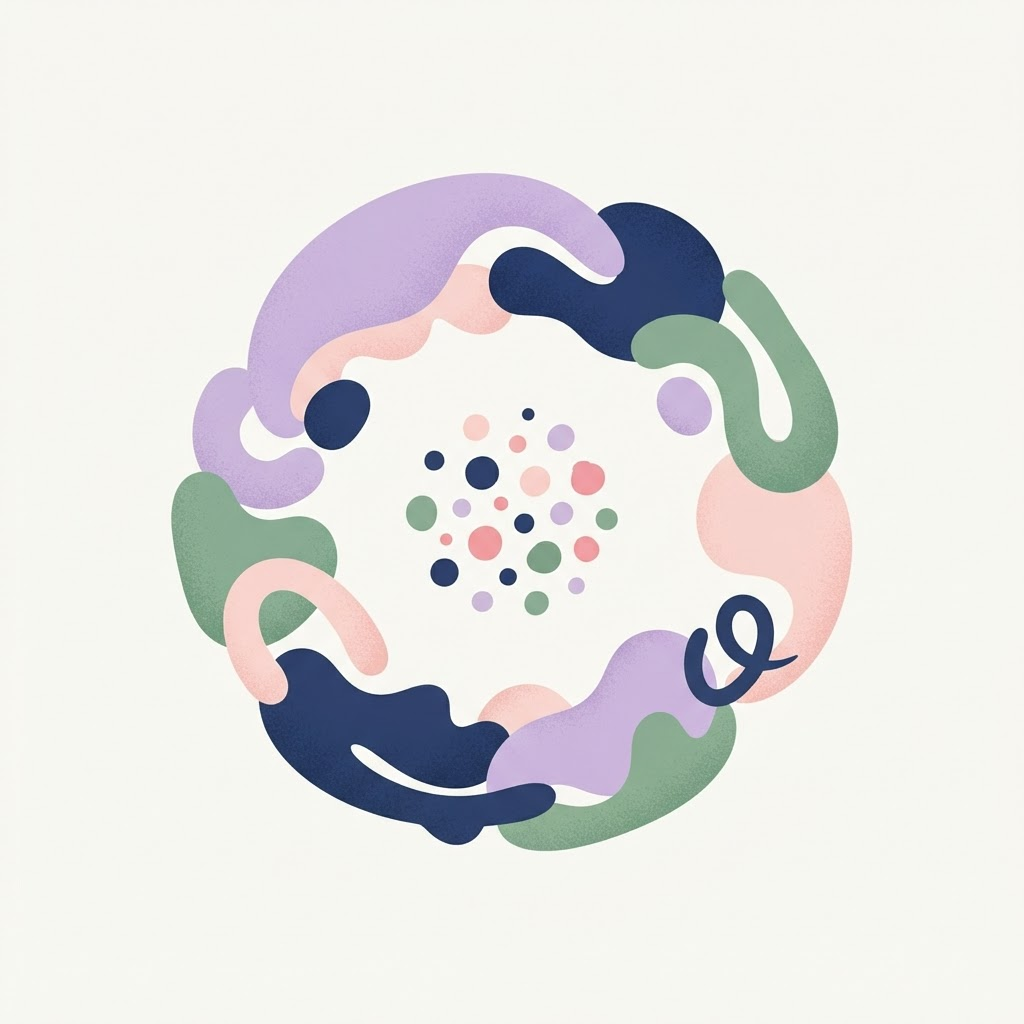 Gentle abstract illustration of shapes gathered warmly together, representing community.