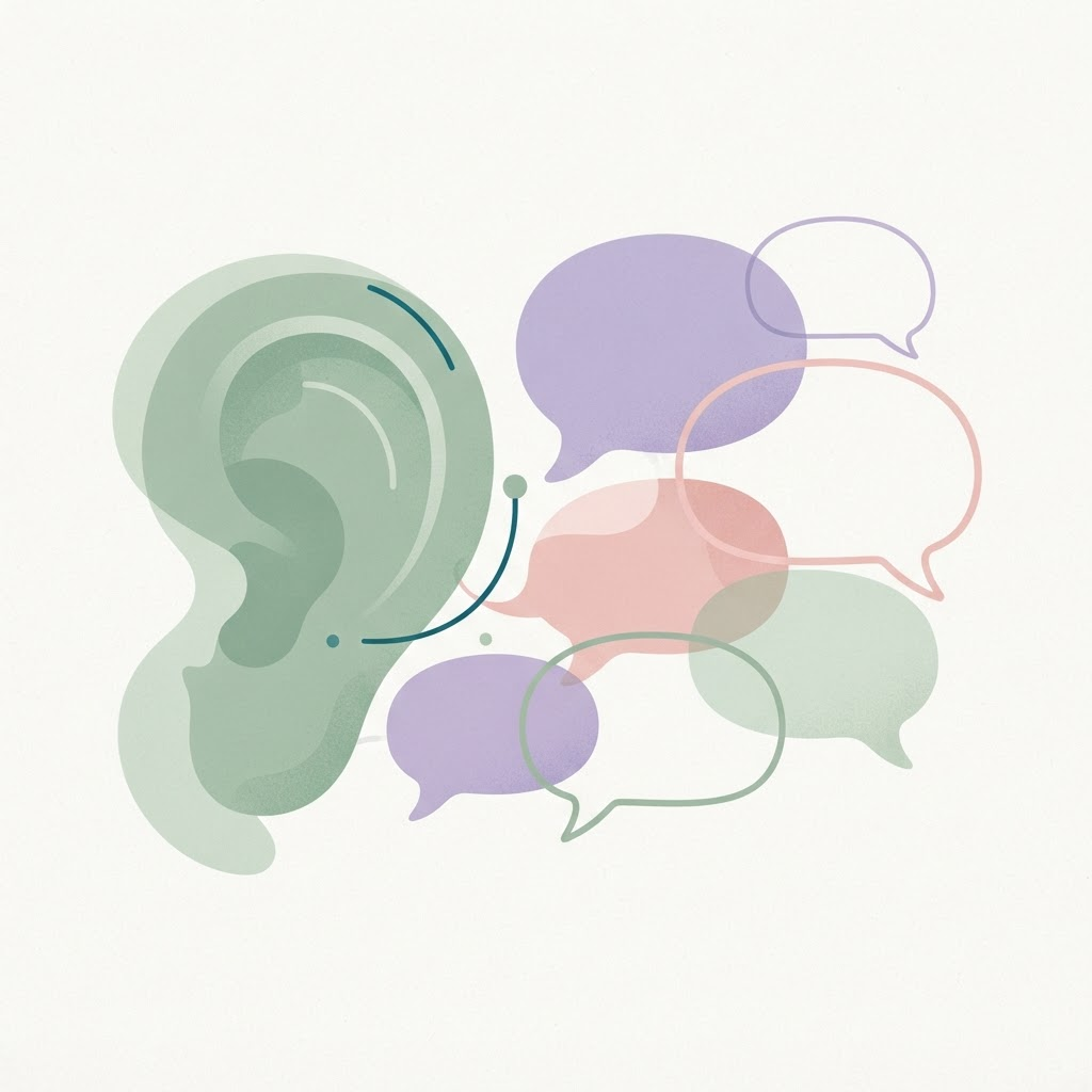 Gentle abstract illustration of listening and comfortable quiet, with soft speech-bubble shapes.